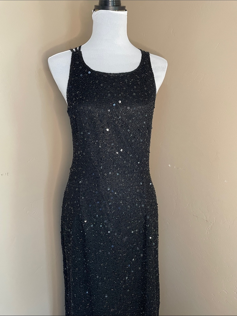 Vintage J Kara Black Sequin Open Back  Evening Dress, XL